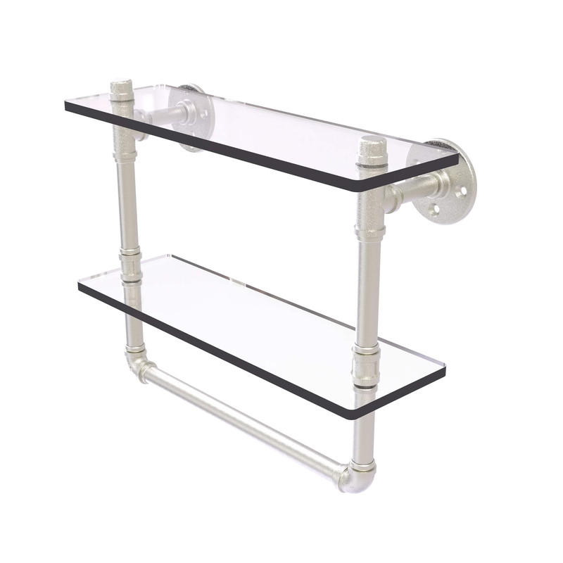 16" Double Glass Shelf with Towel Bar, Satin Nickel Finish